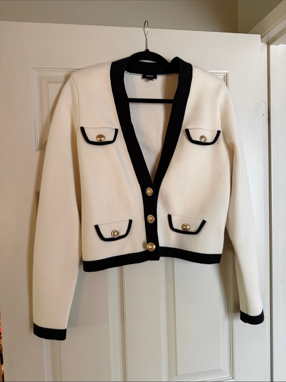 Express Cream and Black Contrast Trim Cardigan Sweater